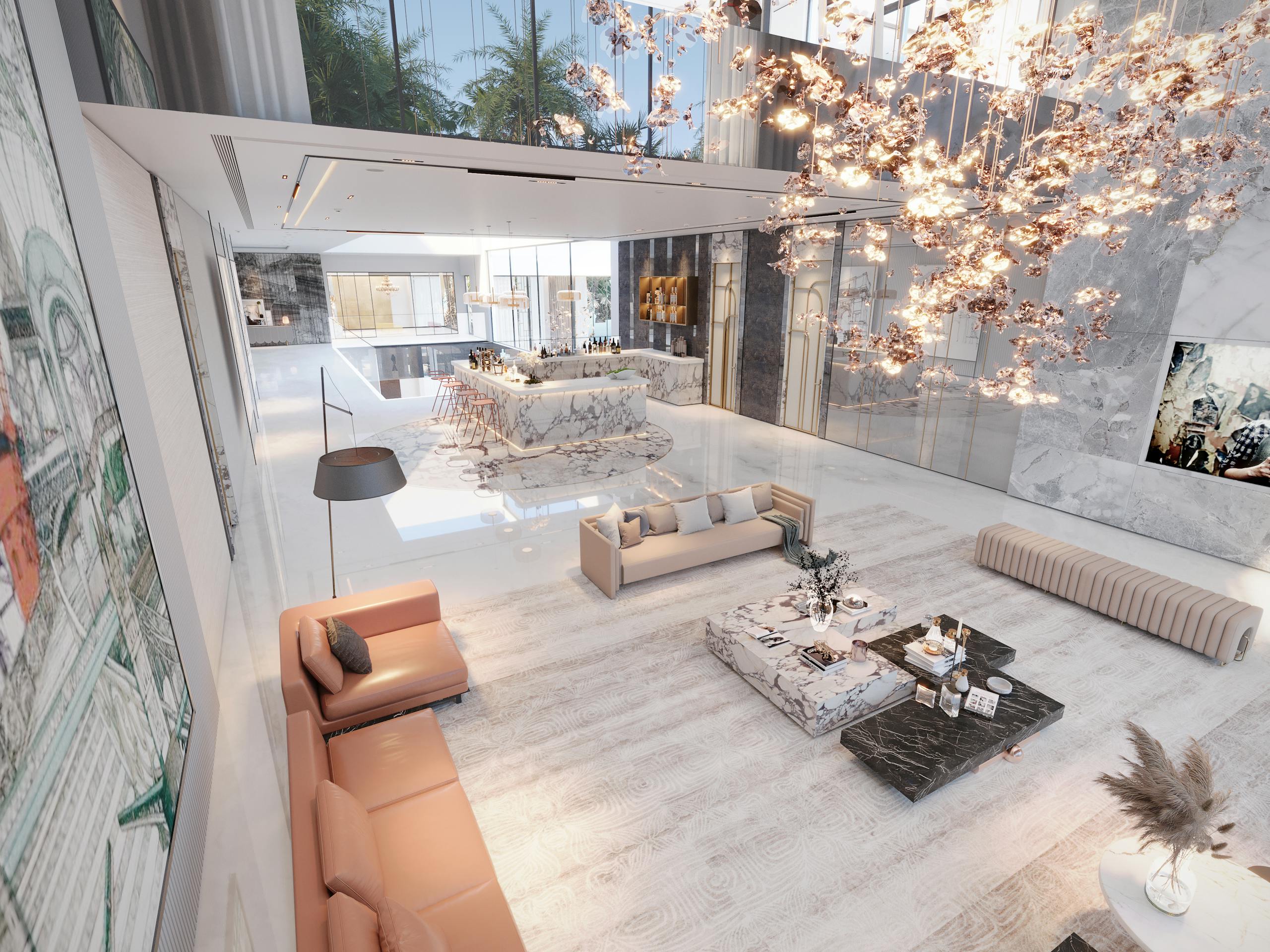 Elegant living room with contemporary decor, featuring chic lighting and plush seating for a luxurious ambience.